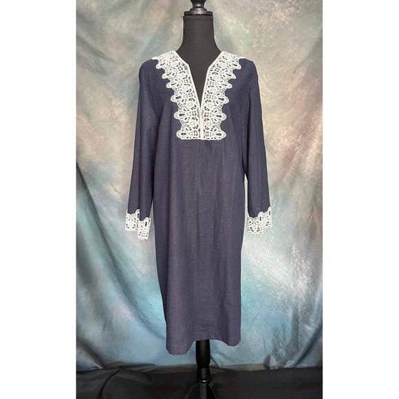 Preston & York Dresses & Skirts - Preston & York‎ Navy Blue Linen Blend Lace Trim Long Sleeve Midi Dress Size 16